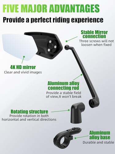 RBRL Bike Mirror, 3D Adjustable Arm for Extended Reach, Aluminum Alloy Anti-shake Bicycle Rearview Mirrors, 360° Panoramic Rearview, Wide Angle Shatterproof & Foldable E-bike Mirror(left)