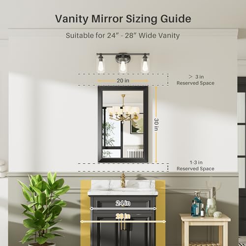 20x30 Inch Black Bathroom Mirror for Wall, Thick Metal Framed Rectangle Mirrors for Over Sink, Bedroom, Living Room, Entryway, Anti-Rust, HD Tempered Glass