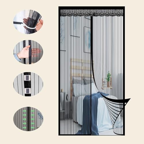 Image of Mosquito Net for Door Polyester Magnetic Curtain Auto Closing Insect Screen for All Door Types with Self Adhesive Hook Tape (200 * 100 cm, Black)