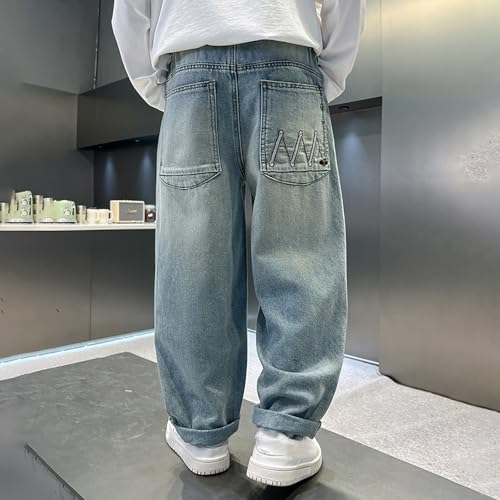 Boy's Baggy Jeans Y2K Wide Leg Straight Denim Pants Kids Casual Elastic Waist Loose Trousers Pockets Streetwear 4-14T3