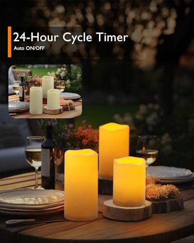 Image of Homemory 3 Pack Flameless Candles, Outdoor Waterproof, Battery Operated LED Pillar Candles with Remote Control and Timer, Plastic, Long Lasting,4 inch5 inch6 inch