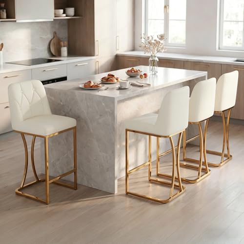 Image of LSSBOUGHT Counter Height Bar Stools Set of 2 24'' Upholstered Padded Barstools with Back Glam Kitchen Island Chairs with Golden Metal Iron Frame (White-Button-Gold Leg, 4PCS)