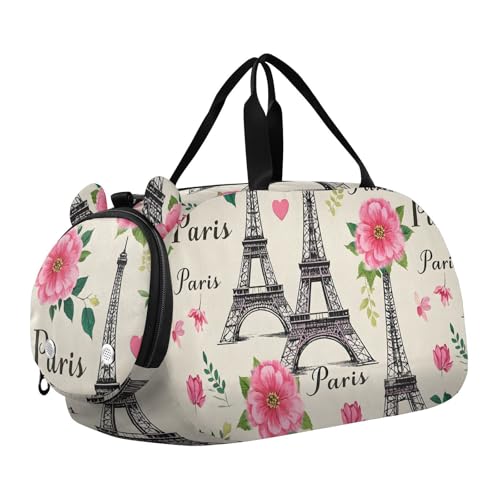 Duffle Bag for Boys or Girls with Shoes Compartment, Eiffel Tower Flowers Sports Travel Bag Overnight
