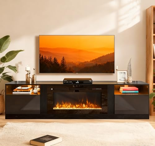 Image of MXV 90 inch Fireplace TV Stand for TVs Up to 100 inch, LED Light Entertainment Center with 50 inch Electric Fireplace, Modern Wood Texture TV Media Console with Highlight Storage Cabinet, Black+Black