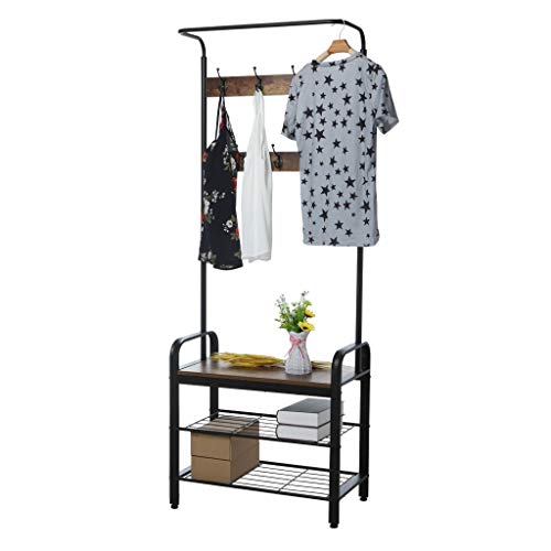 Shamoluotuo Industrial Coat Rack Shoe Bench, 3 Tiers 7 Hooks Hall Tree Entryway Storage Shelf, Wood Look Accent Furniture With Metal Frame, 3 In 1 Design, 28.3"L X 13.4"W X 72.1"H #TOP22