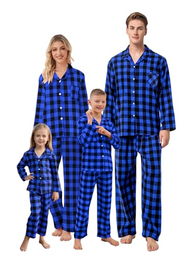 QZH.DUAO Family Plaid Pajamas For Mens, Family Adult 2-Piece Button Down Flannel Christmas Pjs Sleepwear, Black Blue, US XXL