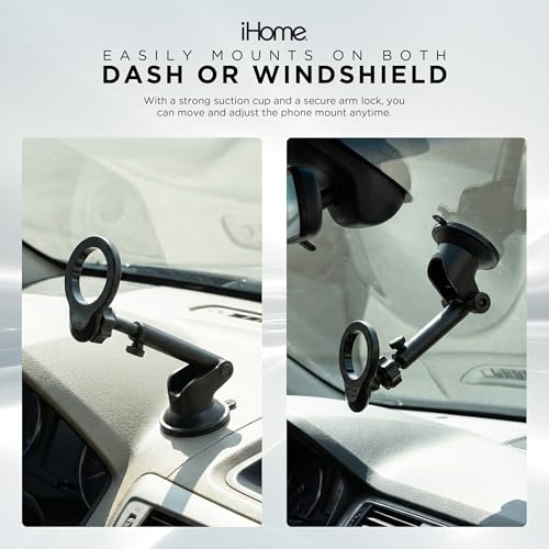 Image of iHome Car Mount, Dashboard /Windshield /Vent Mount, Swivel Neck, Silicone Grip, Adjustable Mount Arm with Suction Cup Base (Magnetic Car Mount)