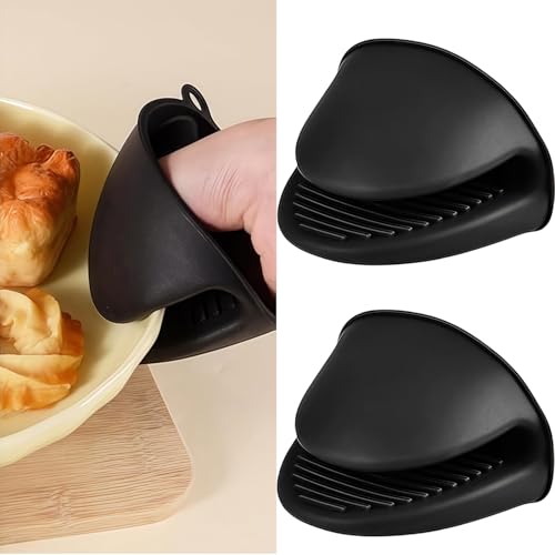 Silicone Oven Mitts Heat Resistant for Air Fryer, Thicken Mini Oven Gloves for Cooking, BBQ, Baking (Black)