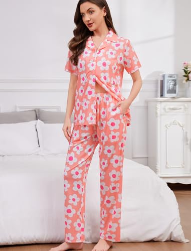 Image of SWOMOG Women Pajama Sets Two-Piece Nightwear Short Sleeve Sleepwear Button Down Pj Lounge Sets with Long Pants