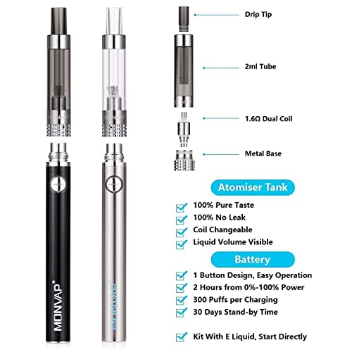 E Zigarette Starter Set, MONVAP M2 Komplettset ohne Nikotin, 2er E Zigaretten + 5er E-Liquids, Micro-USB-Aufladung… – Bild 3