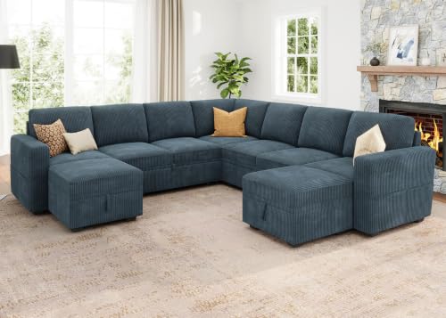 Image of HONBAY Modular Sectional Sleeper Sofa with Pull Out Couch, Corduroy Oversized Sectional Couches Pull Out Bed with U Shaped Sleeper Storage for Living Room - Blue