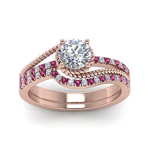 Image of Choose Your Gemstone Rope Split Shank Wedding Ring Set Rose Gold Plated Round Shape Wedding Ring Sets Everyday Jewelry Wedding Jewelry Handmade Gifts for Wife US Size 4 to 12