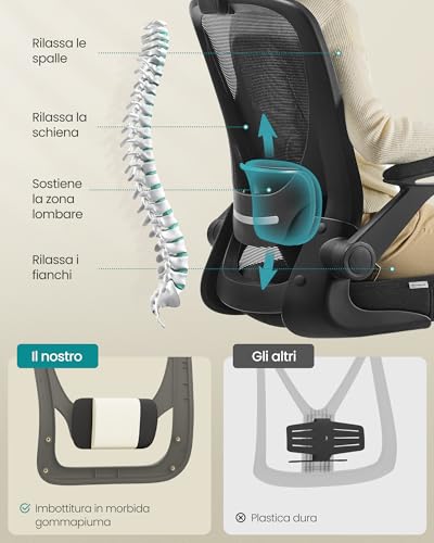 Sedia da Ufficio Girevole, Sedia di Rete da Computer Ergonomica, Supporto Lombare, Oscillante, Seduta 53 cm, Braccioli Pieghevoli, Nero OBN37BK - Sedia gaming - Immagine 6