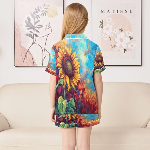 senya Pajama Sets Silky Button Down Nightwear Sleepwear Size 5-14 Years Sunflower Oil Painting4