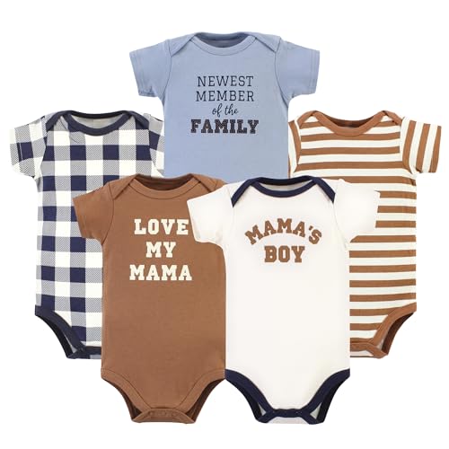 Hudson Baby Unisex Baby Cotton Bodysuits, Brown Navy Mamas Boy 5-Pack, 3-6 Months