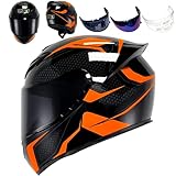 HTLNUZD Full Face Motorcycle Helmet Racing Motocross Helmets with Pinlock Compatible Clear&Tinted Visors DOT Model Approved Street Bike Helmet (Orange Block, M)