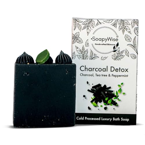 SoapyWise Organic Activated Charcoal Soap Bar, Natural Detoxifying & Exfoliating Soap for Body, Face & Hands, Hydrating & Antibacterial Cleanser with Tea Tree & Peppermint Oils – 90g Each (Pack of 2)