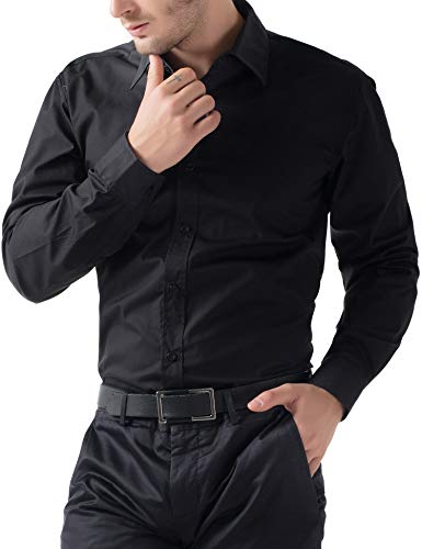 Pj Paul Jones Men's Black Long Sleeve Button Down Dress Shirts Designer Slim Fit Dress Shirts Office Wear (Black,L) #TOP3