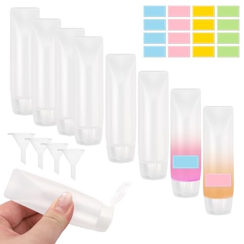 Set da viaggio da 12 pezzi - 8 tubetti di dentifricio da viaggio (28 g), bottiglie da spremitura ricaricabili con 4 imbuti ed etichette colorate, contenitore portatile per lozioni