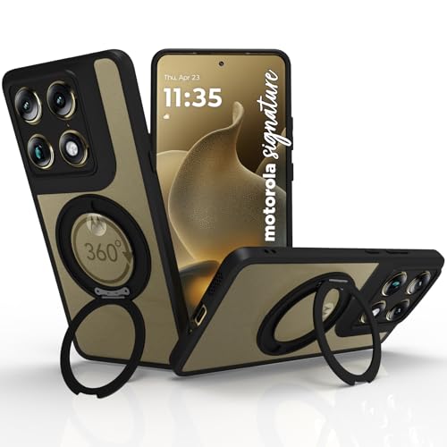 Image of RIGGEAR Shockproof Sleek Hybrid Armor 360 Rotating Magnetic Ring Stand Back Cover Case Compatible with MagSafe Accessories for Motorola Moto Signature 5G (Clear PC + Black TPU Bumper)