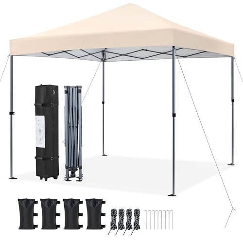 Yaheetech Pop Up Gazebo, 3x3m Easy One Person Setup Instant Shelter, Waterproof Garden Patio Canopy with 4 Sandbags, 4 Ropes & 8 Stakes, Wheeled Bag, Steel Frame, Adjustable Height - Beige