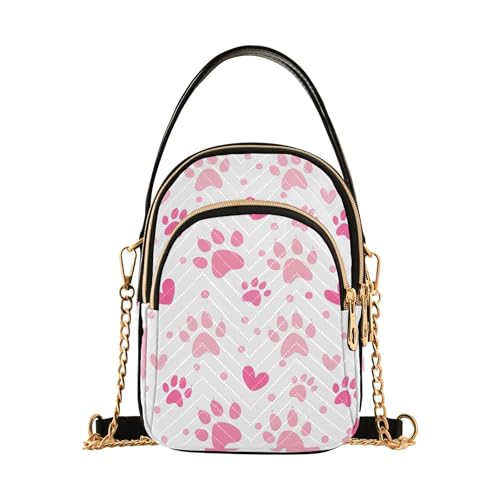 Single Shoulder Handbag Women Flower Chain Strap Phone Wallet Handbag Quilted Crossbody Clutch Zipper Tote Light Pink Paw Prints Hearts White