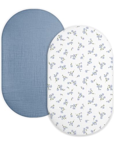 Image of Bassinet Sheet for Baby Boy and Girl 2 Pack, Fitted Sheets for Rectangle, Oval, Hourglass Bassinet Mattress, Muslin Moses Basket Sheets with Neutral Style (Bluebell Bloom & Light Blue)