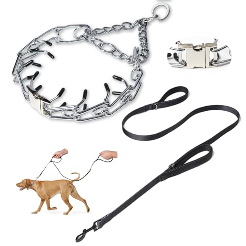 Prong Collar for Dogs,Dog Training Collar with One Professional Training Leash,Adjustable Pinch Collar with Quick Release Metal Buckle, No Pull Choke Collar for Small Medium Large Dogs（Silver, S）.