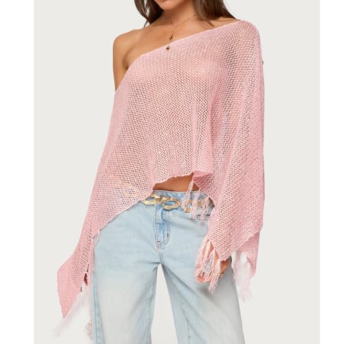 SOLILOQUY Women Y2K Tassels Knit Poncho Spark Sequined Off Shoulder Crochet Cape See-through Beach Cover Up Lightweight Shrug2