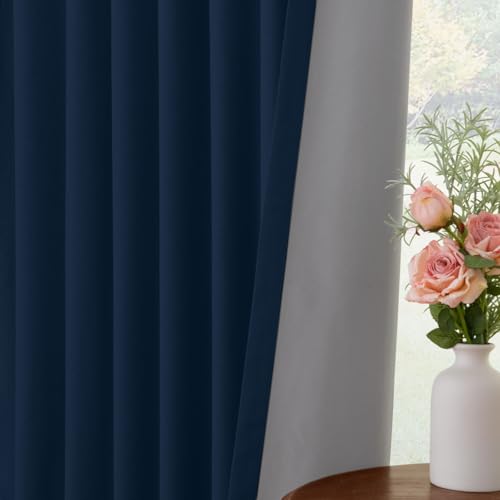 Image of INOVADAY 100% Blackout Curtains for Bedroom, Midnight Blue Black Out Curtains 84 Inch Long, Clip Rings Linen Blackout Drapes, Thermal Insulated Room Darkening for Living Room, 1 Panel - W102xL84
