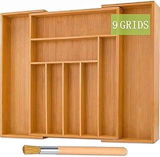 Bamboo Cutlery Tray - Adjustable Drawer Insert with 6 to 8 Compartments - Drawer Organiser System with 4 Non-Slip Nubs