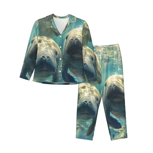Pyjama à manches longues pour femme avec imprimé animaux et taille élastique confortable