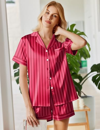 Image of Ekouaer Silk Pajamas for Women Button Down Sleepwear 2 Piece Pjs Shorts Set | Classic Short Sleeve Notch Neck Lounge Set with Pockets,Soft Cute Pj Set,Bridal Gifts,Pajama Party,Maternity Outfits