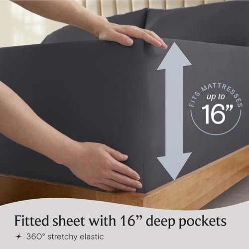 Image of LuxClub 5 PC Split King Sheet Set Sheets Deep Pockets 18 inch Eco Friendly Wrinkle Free Cooling Sheets Machine Washable Hotel Bedding Silky Soft - Dark Grey Split King