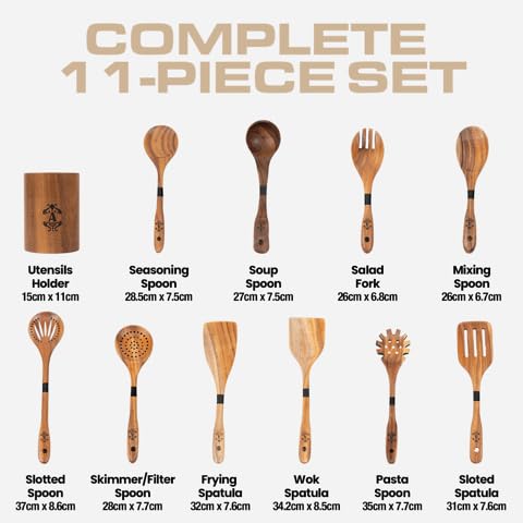 Armandine Teak Wooden Spoons for Cooking 11-Piece - Non-Stick & Non-Scratch Wooden Cooking Utensils Set - Heat Resistant Kitchen Utensils Set - Image 9