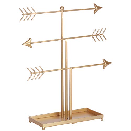 Kleanner 3 Tier Arrow Jewelry Organizer Stand, Metal Jewelry Display Tree Rack with Ring Tray, Decorative T-bar Jewelry Holder for Necklace, Bracelet and Watch, Gold