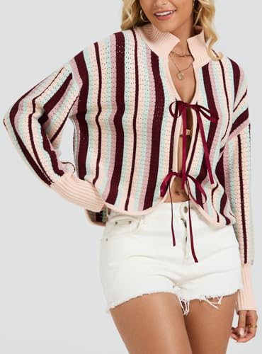 Image of Ladyful Women's Cropped Cardigan Sweater Tie Front Striped Long Sleeve Crochet Tops Fall Trendy Knit Outfits