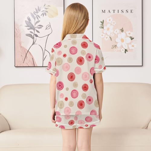 Red Circle Cartoon Pattern Summer Satin Pajama Set, Cute Button-Down Sleepwear Pj Set for Sleep Wears4
