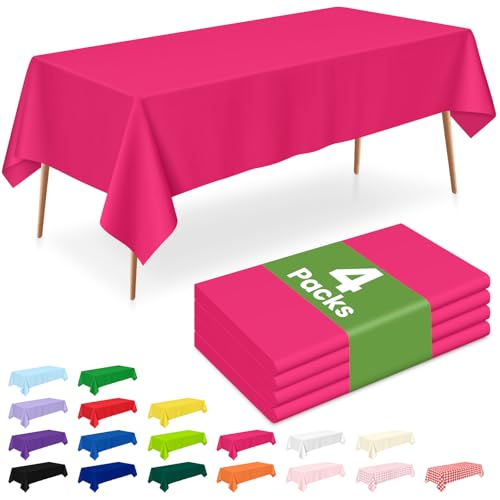 Image of LANLISA 4 Pack Hot Pink Plastic Tablecloth, 54 x 108 Inch Rectangle Table Cloth Disposable, Valentines Day, Easter Party, Mothers Day Decorations Tablecloths, Plastic Cover