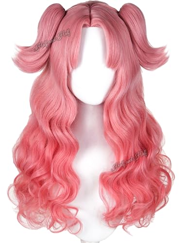 Image of Half and Half Tetia Cosplay Wig Peach Pink Anime Curly Ponytail Wig with Bangs Long Pink Wave Wigs for Women MagicGirl Wizard Halloween Party Daily