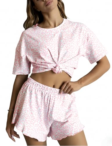 Image of Pajama Set for Women Short Sleeve Tops and Ruffle Shorts Leopard Print Sleepwear Soft Lounge Set 2 Piece Pj Sets
