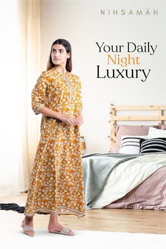 Image of NIHSAMAH Cotton Nighty for Women - XL | Premium Printed Long Cotton Night Gown | Comfortable & Fancy Sleepwear /Nightwear /Maxi Dress (Yellow Colour)
