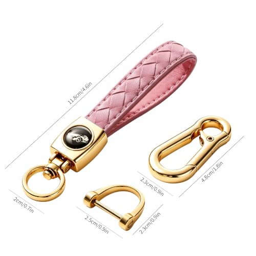 Image of Gkeygo Carabiner Keychain, Universal Heavy Duty Woven Handmade Leather Key Chain, Car Fob Key Keychains with 360 Degree Rotatable Snap Swivel and Anti-Lost D-Ring for Men and Women,Light Gold - Pink