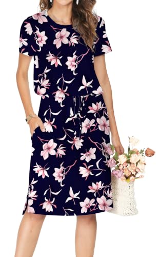 Image of Simier Fariry Womens Summer Hide Belly Knee Length Travel Dress Pocket Short Sleeve Midi Work Casual Outfits