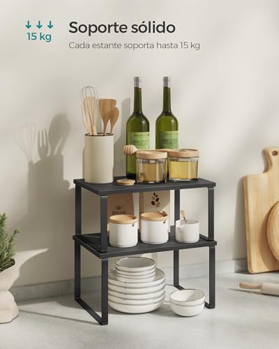 SONGMICS Estante para Especias, Juego de 2, Organizador de Armario, Estante de Almacenamiento de Cocina Extensible, Especiero de Metal y Madera de Ingeniería, Negro Ébano y Negro KCS02B01 - imagen 5