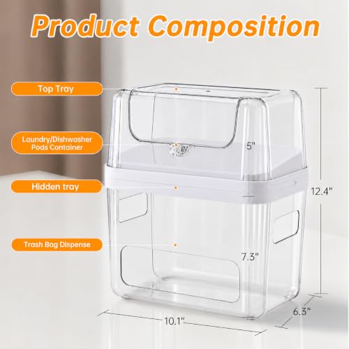 Trash Bag and Laundry pods Dispenser, 3-in-1 Clear Under Sink Organizer, Dishwasher Pod Storage Container, Stackable Kitchen Cabinet Storage Box Fits 13/30/33 Gallon Garbage Bags - Image 2