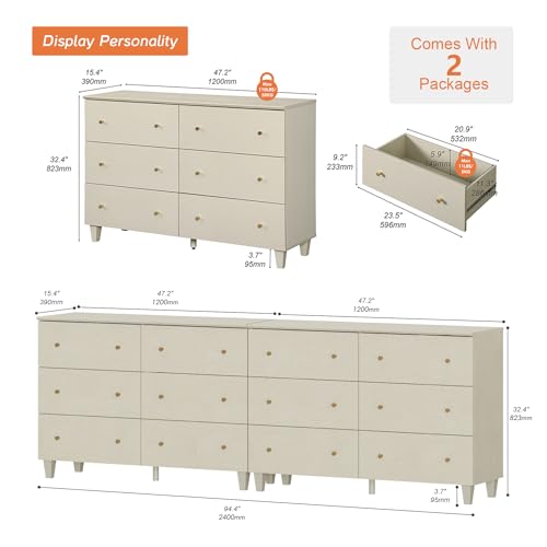 Image of WAMPAT 12 Drawers Dresser Chests for Bedroom, Set of 2 Modern Wood Chest of Drawers, 32.4 inch Tall Dresser for Closet, Dressers Organizers for Living Room, Hallway, Beige Linen Textured