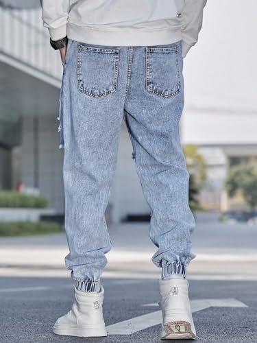 WDIRARA Men's Cut Out Ripped Letter Patched Jeans Frayed Zipper Fly Long Denim Pants Straight Leg Slim Fit Trousers2