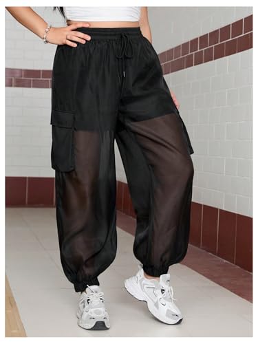 Floerns Women's Plus Size High Waist See Through Joggers Drawstring Casual Pants with Pocket2