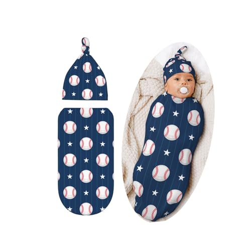 Image of Cute Baseball Print Baby Stuff Swaddle Blanket Hat Set for Boys Girls, Soft Newborn Swaddle Wrap Blanket Shower Gift